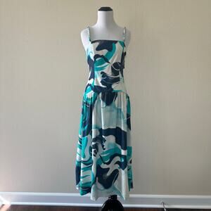 Christian Lacroix Linen Cotton Blue Organic Pattern Summer Midi Dress XS NWT